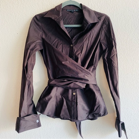 LAFAYETTE 148 Brown Button Down Shirt with Attached Belt Tie and Loops Size 2 - Picture 3 of 10